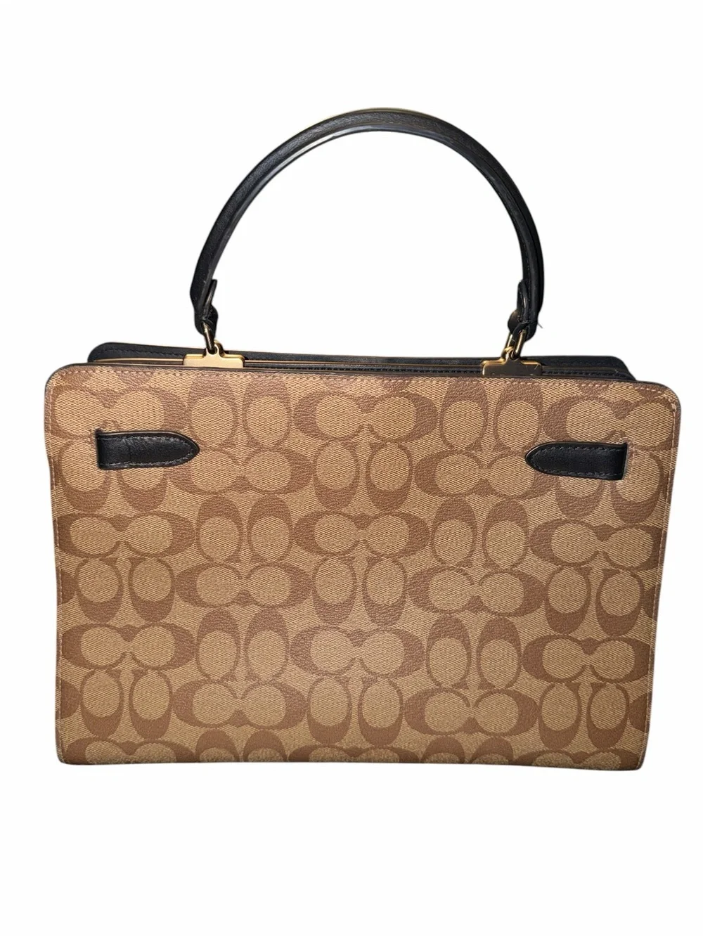 Coach Brown Signature Canvas Top-Handle Satchel with Black Trim